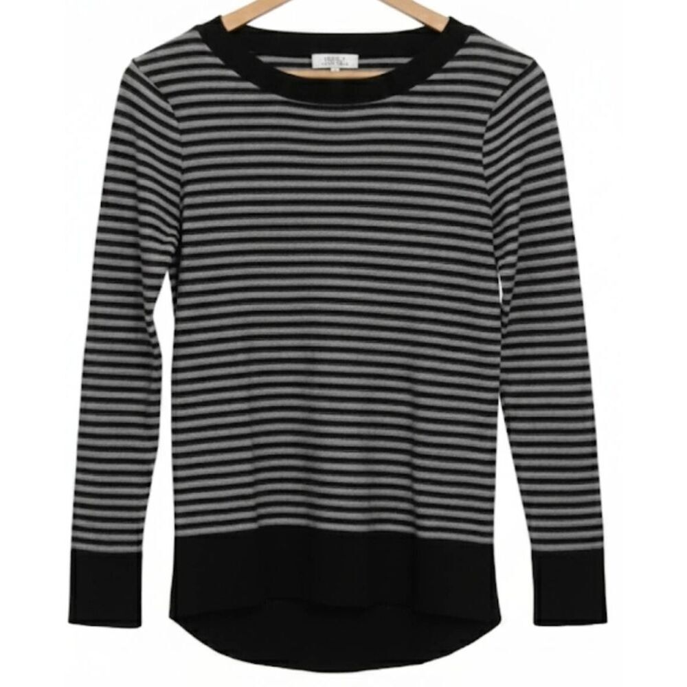 Simple laguna womens medium sweater silk cashmere  stripe gray black preppy - Picture 2 of 9